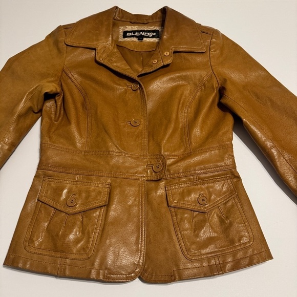 Blendshe women’s 100% leather camel brown blazer jacket sz 36/small Vintage 90’s - Picture 3 of 12